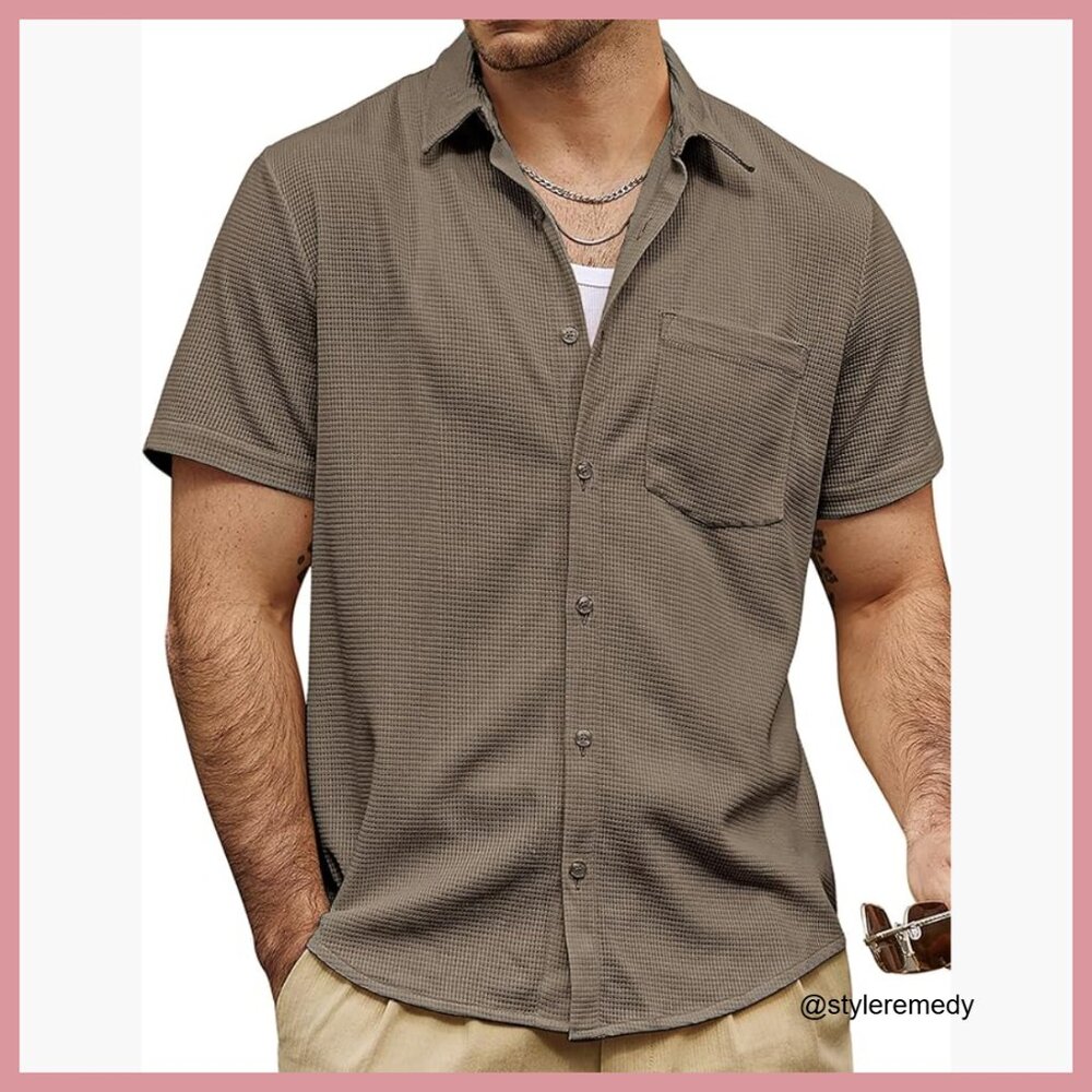 Lightweight Waffle Button Down Shirt Short Sleeve Casual Summer